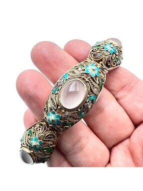 Vintage Chinese Export Enamel Gemstone Bracelet Gold Plated Sterling Silver 7"